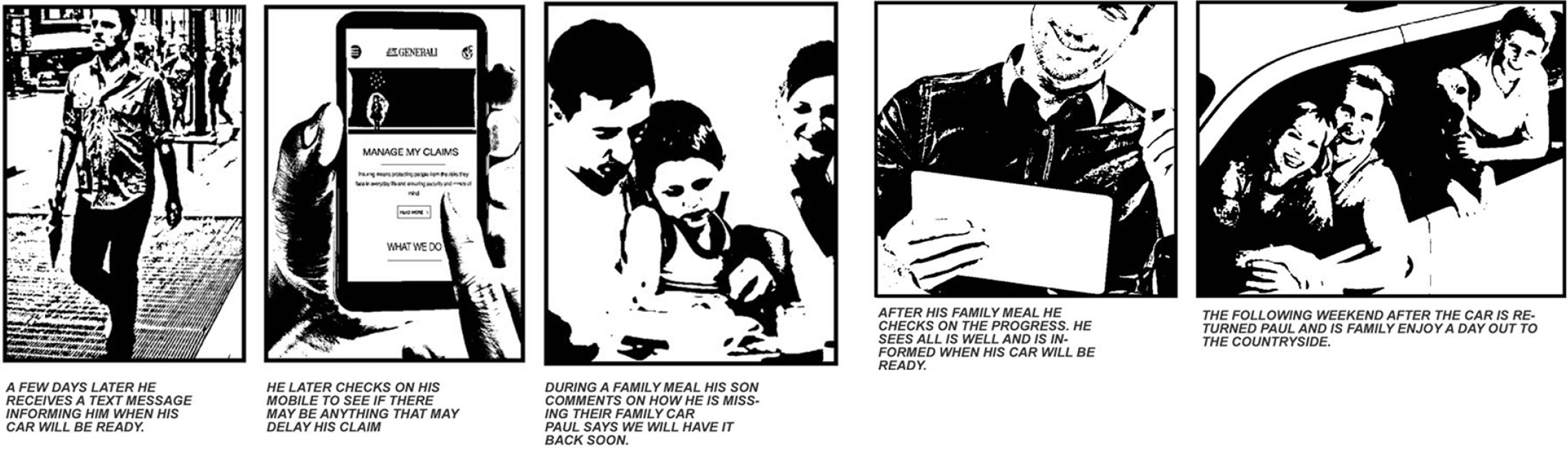 Storyboard of a person’s experience who has just had a car accident and had to report and manage their insurance claim using online self service.